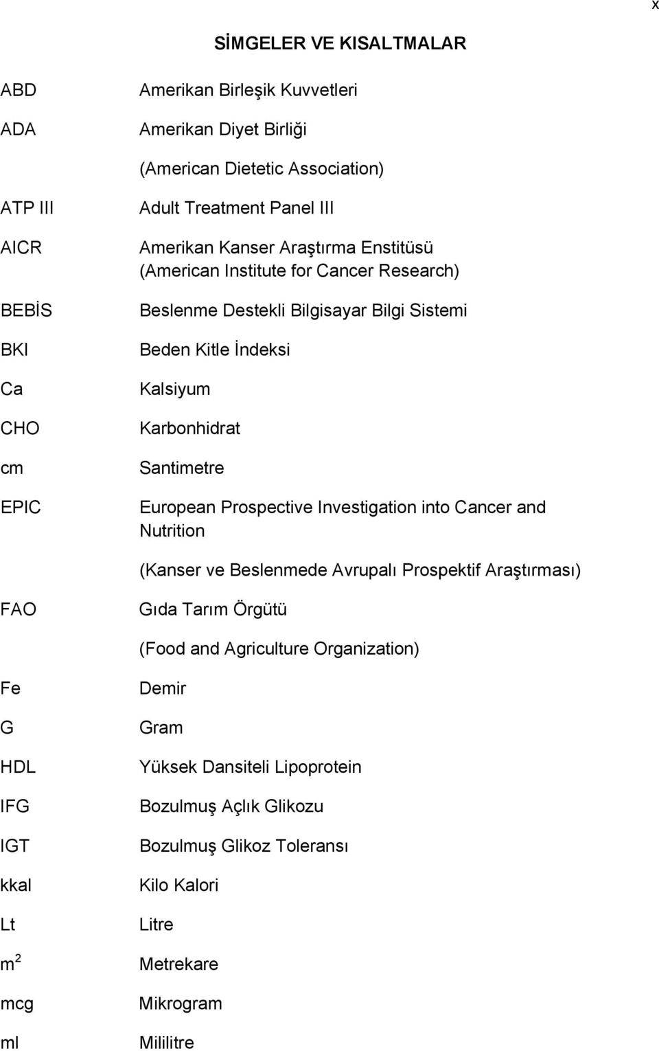 Santimetre European Prospective Investigation into Cancer and Nutrition (Kanser ve Beslenmede Avrupalı Prospektif Araştırması) FAO Gıda Tarım Örgütü (Food and Agriculture