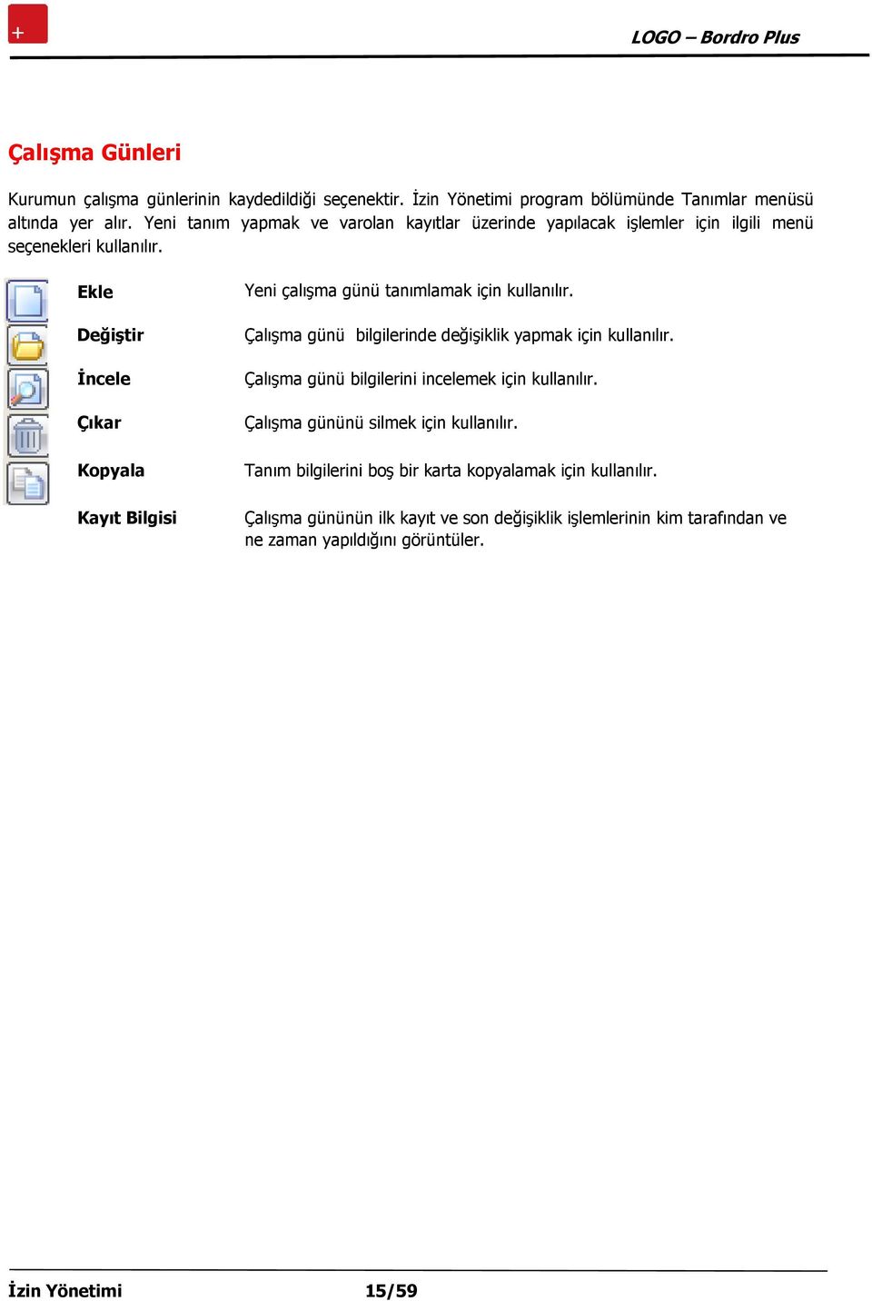 Ekle Değiştir İncele Çıkar Kopyala Kayıt Bilgisi Yeni çalışma günü tanımlamak için kullanılır. Çalışma günü bilgilerinde değişiklik yapmak için kullanılır.