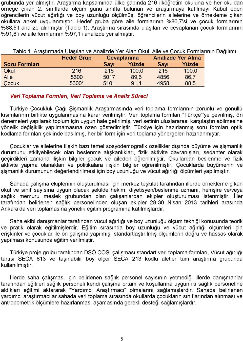 Hedef gruba göre aile formlarının %86,7 si ve çocuk formlarının %88,5 I analize alınmıştır (Tablo 1).