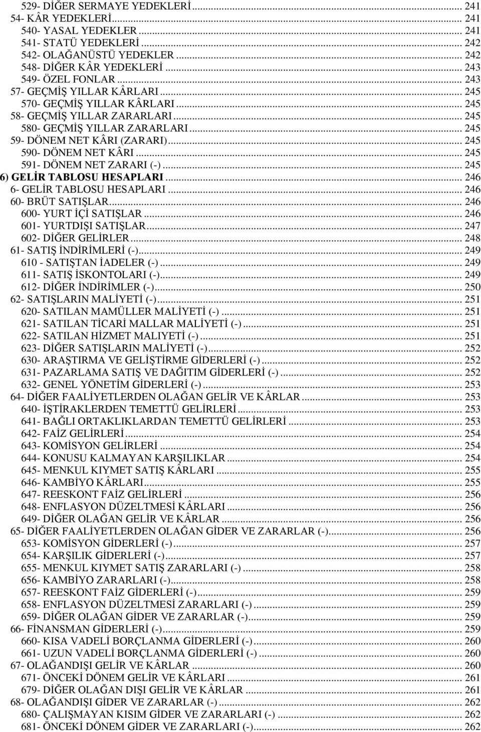 .. 245 591- DÖNEM NET ZARARI (-)... 245 6) GELİR TABLOSU HESAPLARI... 246 6- GELİR TABLOSU HESAPLARI... 246 60- BRÜT SATIŞLAR... 246 600- YURT İÇİ SATIŞLAR... 246 601- YURTDIŞI SATIŞLAR.