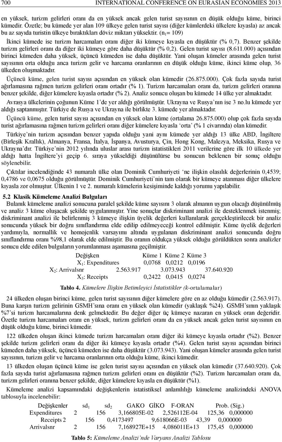 (n 1 = 109) İkinci kümede ise turizm harcamaları oranı diğer iki kümeye kıyasla en düşüktür (% 0,7). Benzer şekilde turizm gelirleri oranı da diğer iki kümeye göre daha düşüktür (% 0,2).