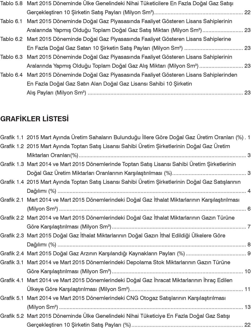 2 Mart 2015 Döneminde Doğal Gaz Piyasasında Faaliyet Gösteren Lisans Sahiplerine En Fazla Doğal Gaz Satan 10 Şirketin Satış Payları (Milyon Sm 3 )... 23 Tablo 6.