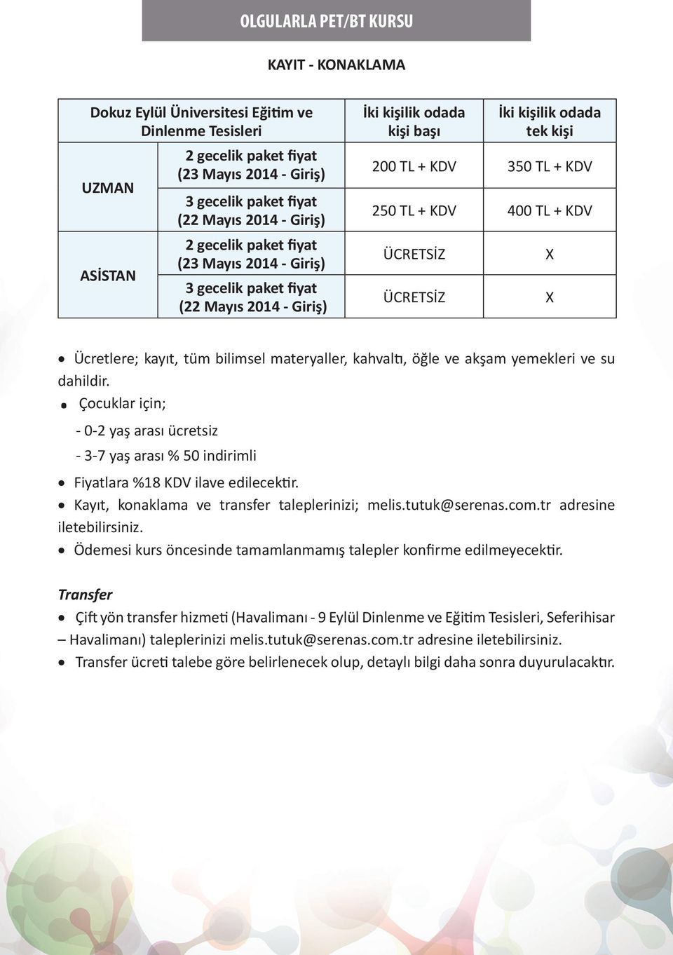 Ücretlere; kayıt, tüm bilimsel materyaller, kahvaltı, öğle ve akşam yemekleri ve su dahildir.