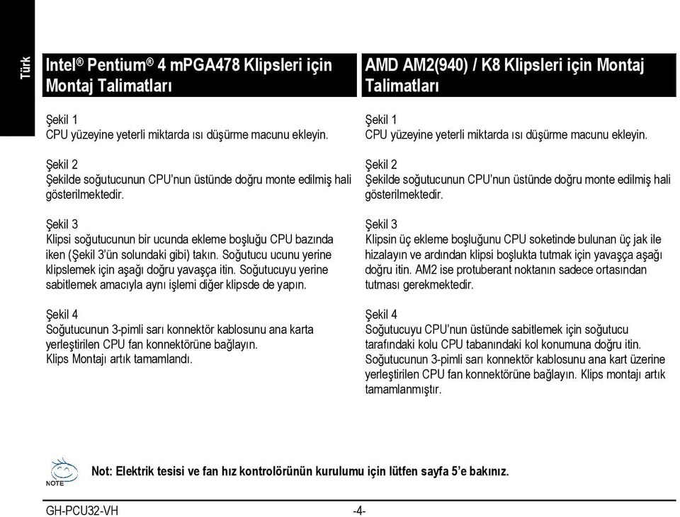 Şekilde soğutucunun CPU nun üstünde doğru monte edilmiş hali gösterilmektedir. Klipsi soğutucunun bir ucunda ekleme boşluğu CPU bazında iken ( ün solundaki gibi) takın.