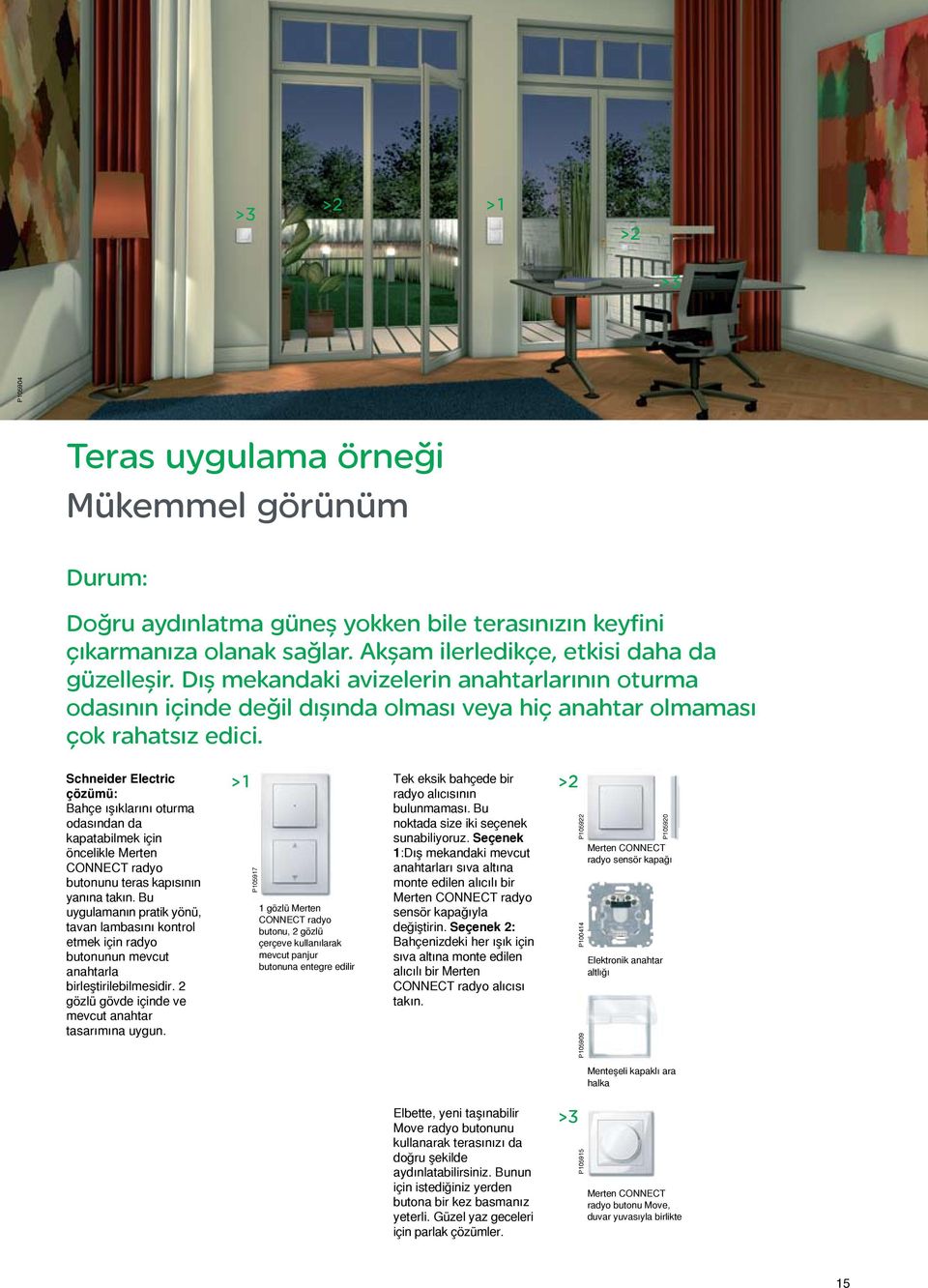 Schneider Electric çözümü: Bahçe ışıklarını oturma odasından da kapatabilmek için öncelikle Merten butonunu teras kapısının yanına takın.