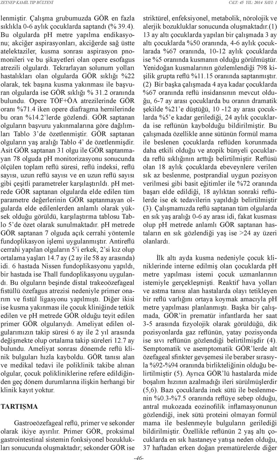 Tekrarlayan solunum yolları hastalıkları olan olgularda GÖR sıklığı %22 olarak, tek başına kusma yakınması ile başvuran olgularda ise GÖR sıklığı % 31.2 oranında bulundu.