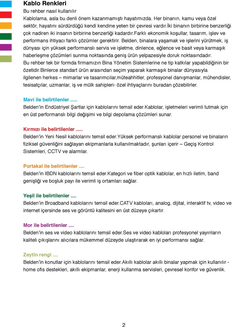 Belden, binalara yaşamak ve işlerini yürütmek, iş dünyası için yüksek performanslı servis ve işletme, dinlence, eğlence ve basit veya karmaşık haberleşme çözümleri sunma noktasında geniş ürün