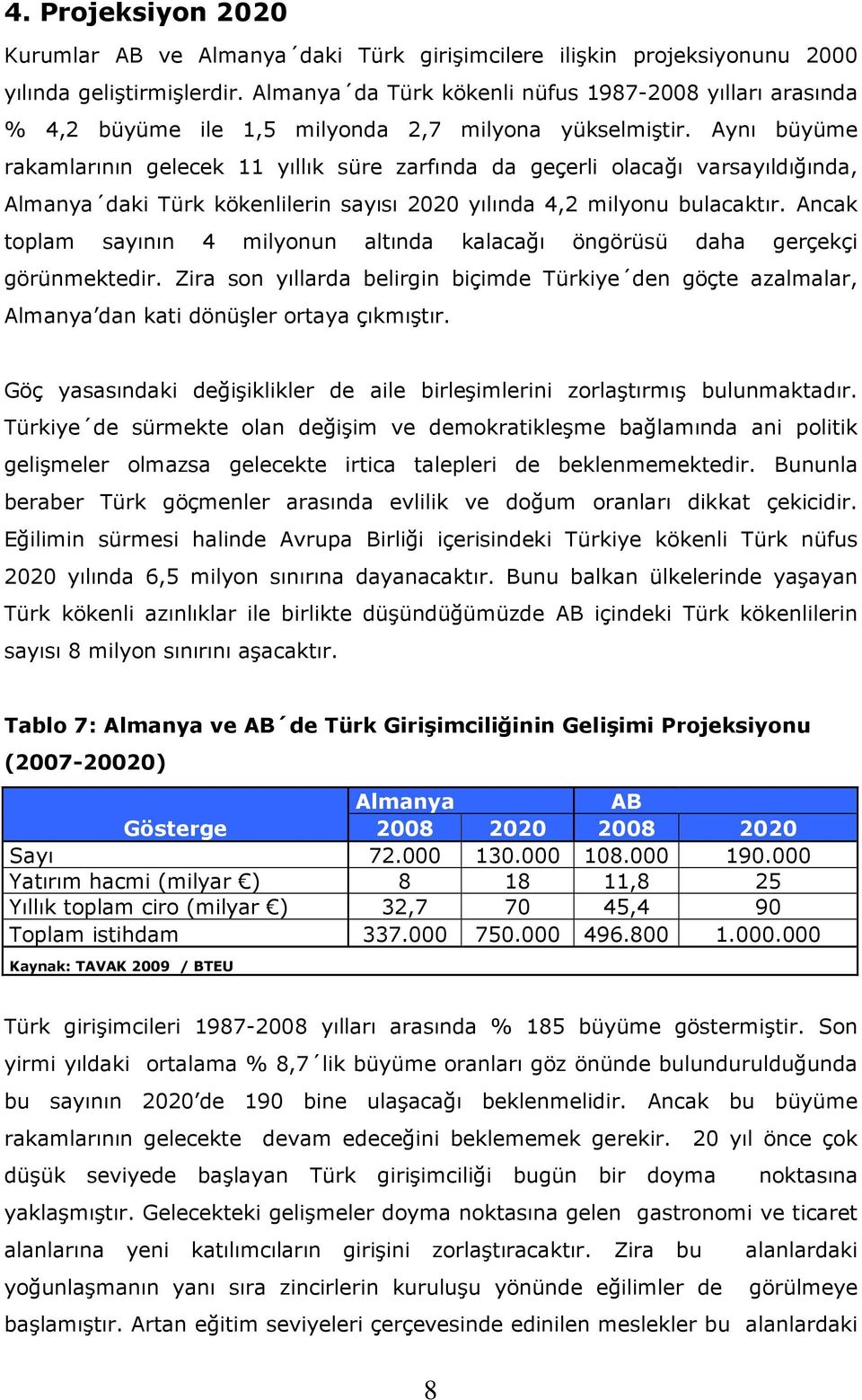 Aynı büyüme rakamlarının gelecek 11 yıllık süre zarfında da geçerli olacağı varsayıldığında, Almanya daki Türk kökenlilerin sayısı 2020 yılında 4,2 milyonu bulacaktır.