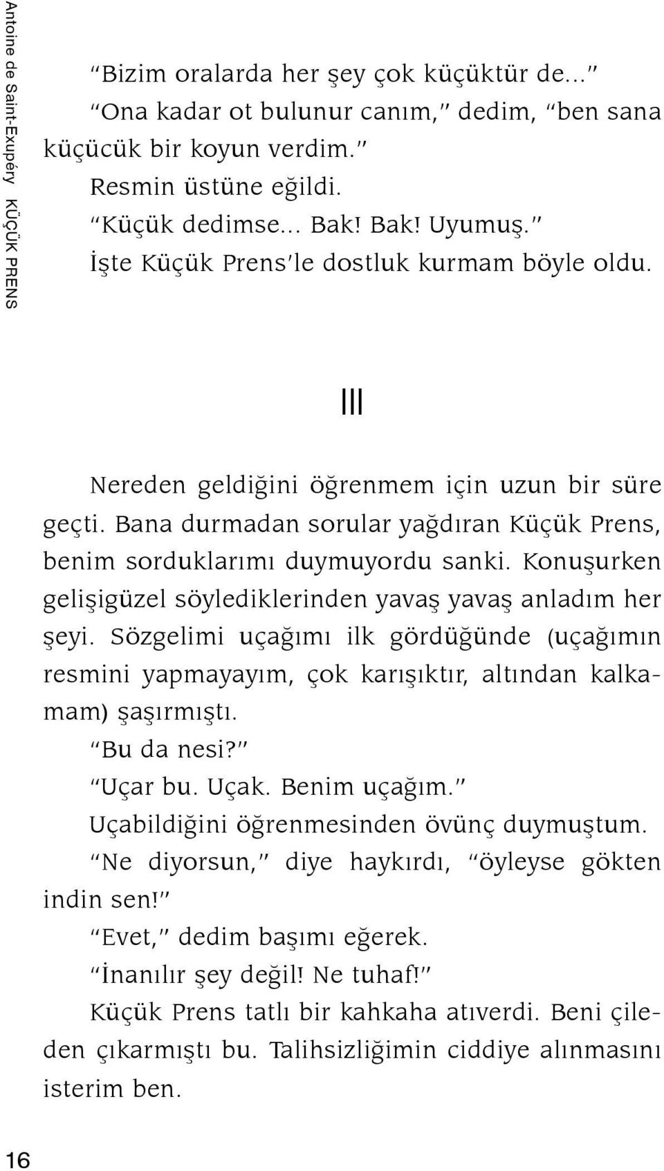 Konuşurken gelişigüzel söylediklerinden yavaş yavaş anladım her şeyi. Sözgelimi uçağımı ilk gördüğünde (uçağımın resmini yapmayayım, çok karışıktır, altından kalkamam) şaşırmıştı. Bu da nesi? Uçar bu.