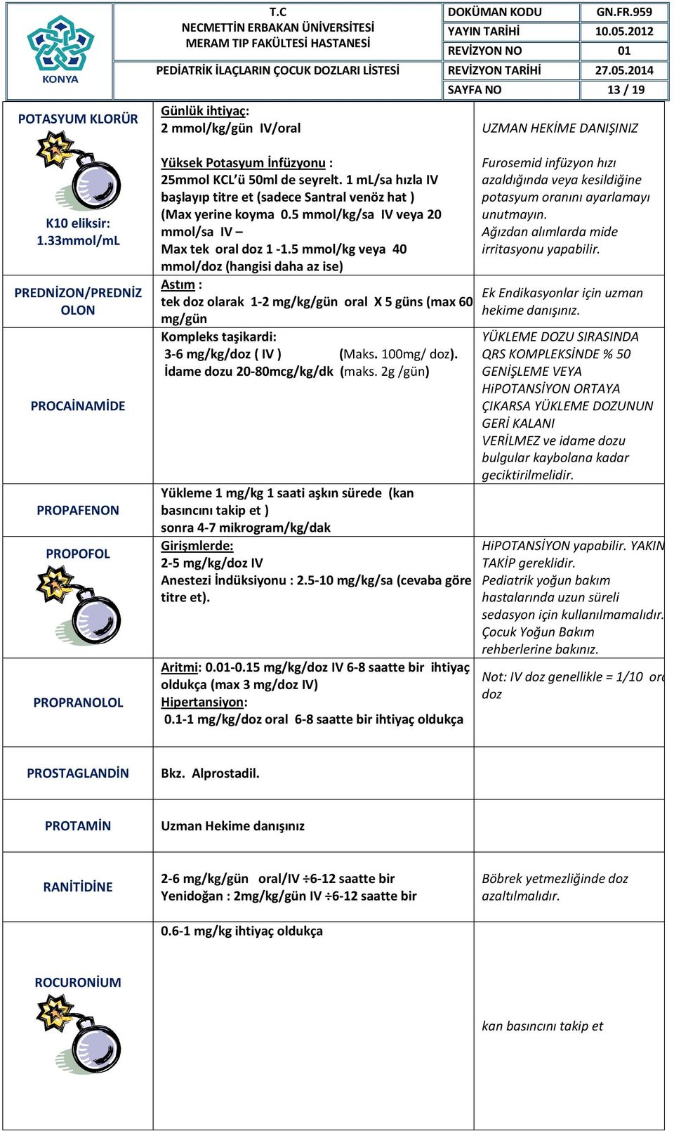 5 mmol/kg/sa IV veya 20 mmol/sa IV Max tek oral doz 1-1.