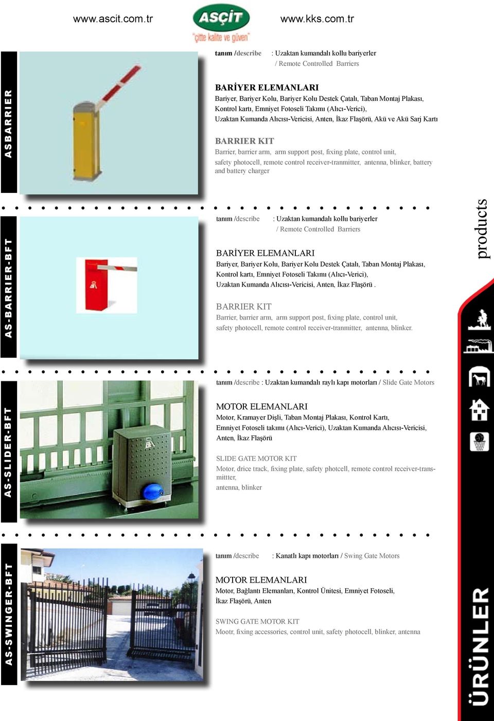 support post, fixing plate, control unit, safety photocell, remote control receiver-tranmitter, antenna, blinker, battery and battery charger tanım /describe tanım /describe : Uzaktan kumandalı raylı