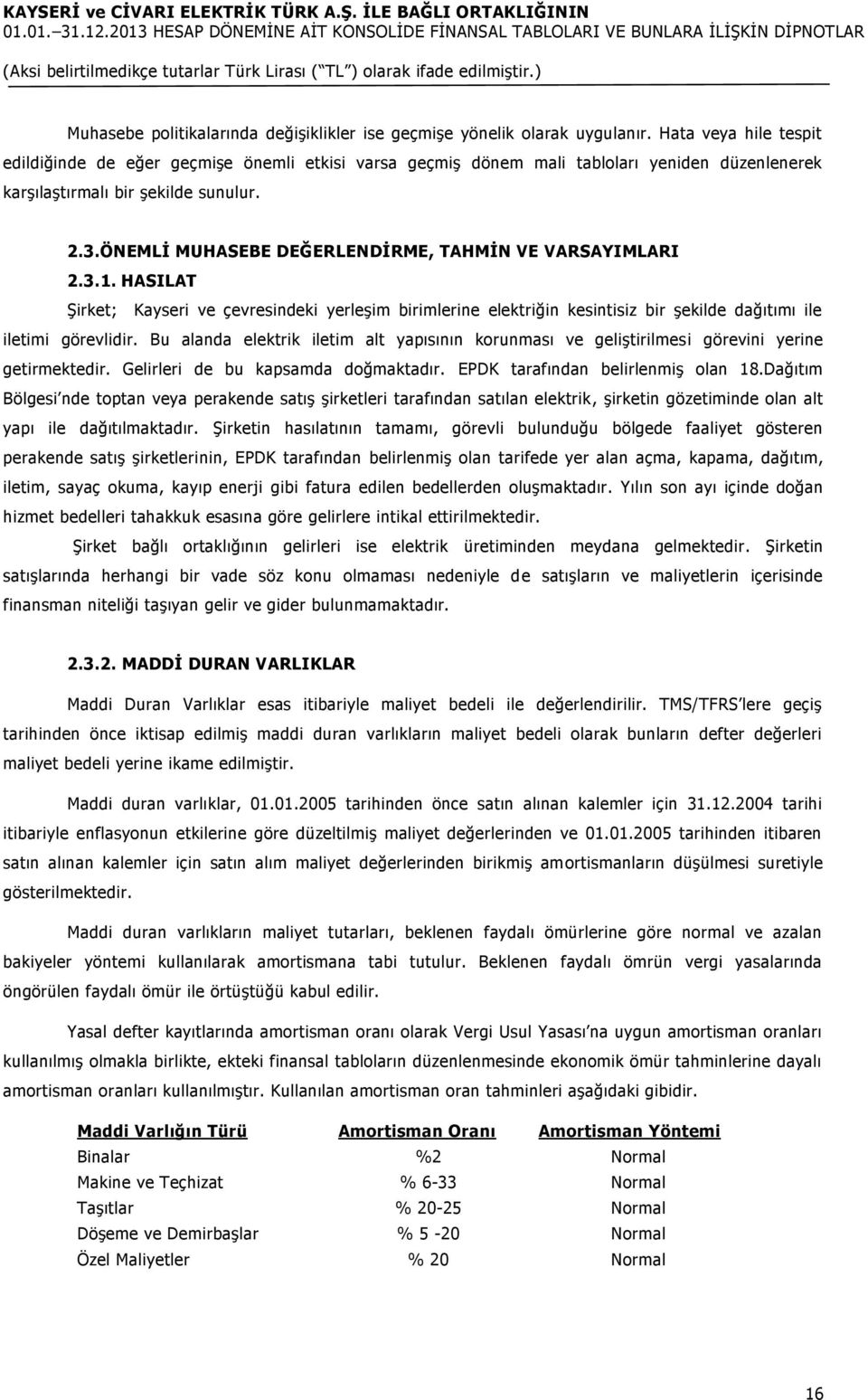 ÖNEMLİ MUHASEBE DEĞERLENDİRME, TAHMİN VE VARSAYIMLARI 2.3.1. HASILAT Şirket; Kayseri ve çevresindeki yerleşim birimlerine elektriğin kesintisiz bir şekilde dağıtımı ile iletimi görevlidir.