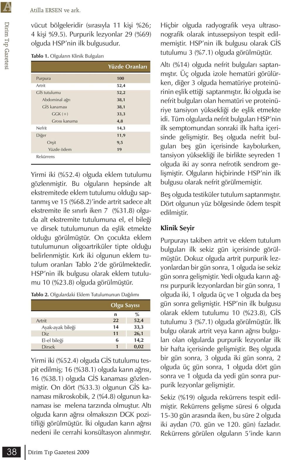 11,9 9,5 19 Yirmi iki (%52.4) olguda eklem tutulumu gözlenmiştir. Bu olguların hepsinde alt ekstremitede eklem tutulumu olduğu saptanmış ve 15 (%68.