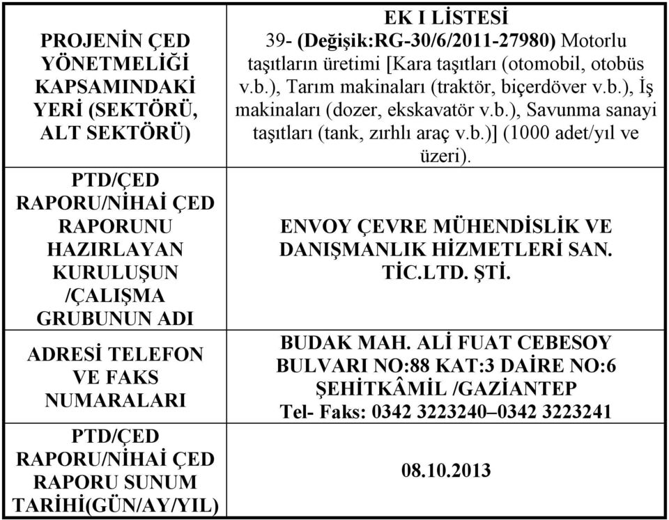 l, otobüs v.b.), Tarım makinaları (traktör, biçerdöver v.b.), İş makinaları (dozer, ekskavatör v.b.), Savunma sanayi taşıtları (tank, zırhlı araç v.b.)] (1000 adet/yıl ve üzeri).