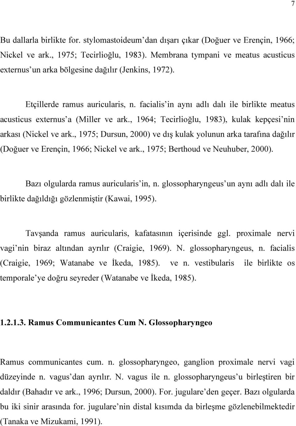 facialis in aynı adlı dalı ile birlikte meatus acusticus externus a (Miller ve ark., 1964; Tecirlioğlu, 1983), kulak kepçesi nin arkası (Nickel ve ark.