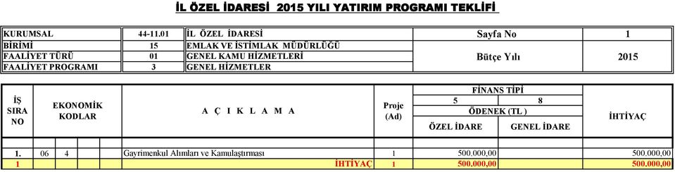 GENEL KAMU HİZMETLERİ Bütçe Yılı 205 FAALİYET PROGRAMI 3 GENEL