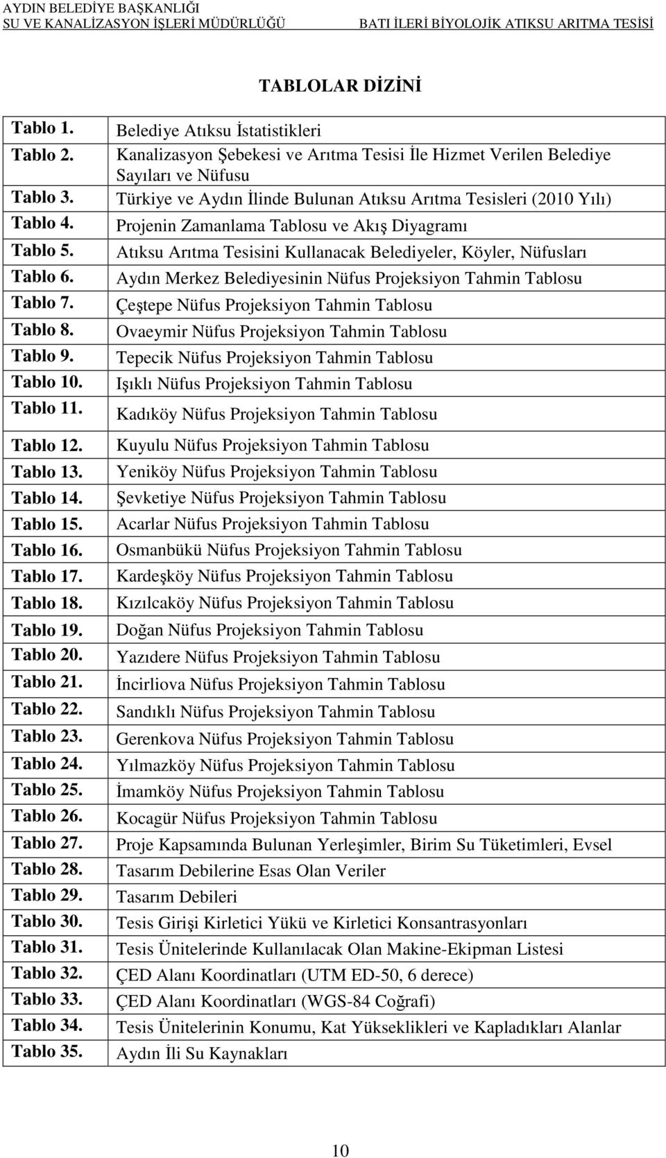 Belediye Atıksu İstatistikleri Kanalizasyon Şebekesi ve Arıtma Tesisi İle Hizmet Verilen Belediye Sayıları ve Nüfusu Türkiye ve Aydın İlinde Bulunan Atıksu Arıtma Tesisleri (2010 Yılı) Projenin