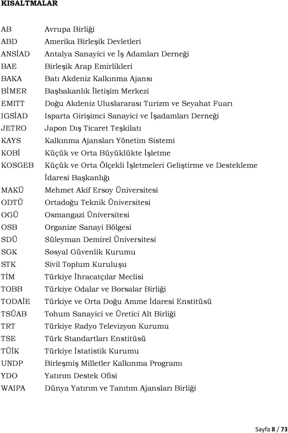 Sanayici ve İşadamları Derneği Japon Dış Ticaret Teşkilatı Kalkınma Ajansları Yönetim Sistemi Küçük ve Orta Büyüklükte İşletme Küçük ve Orta Ölçekli İşletmeleri Geliştirme ve Destekleme İdaresi