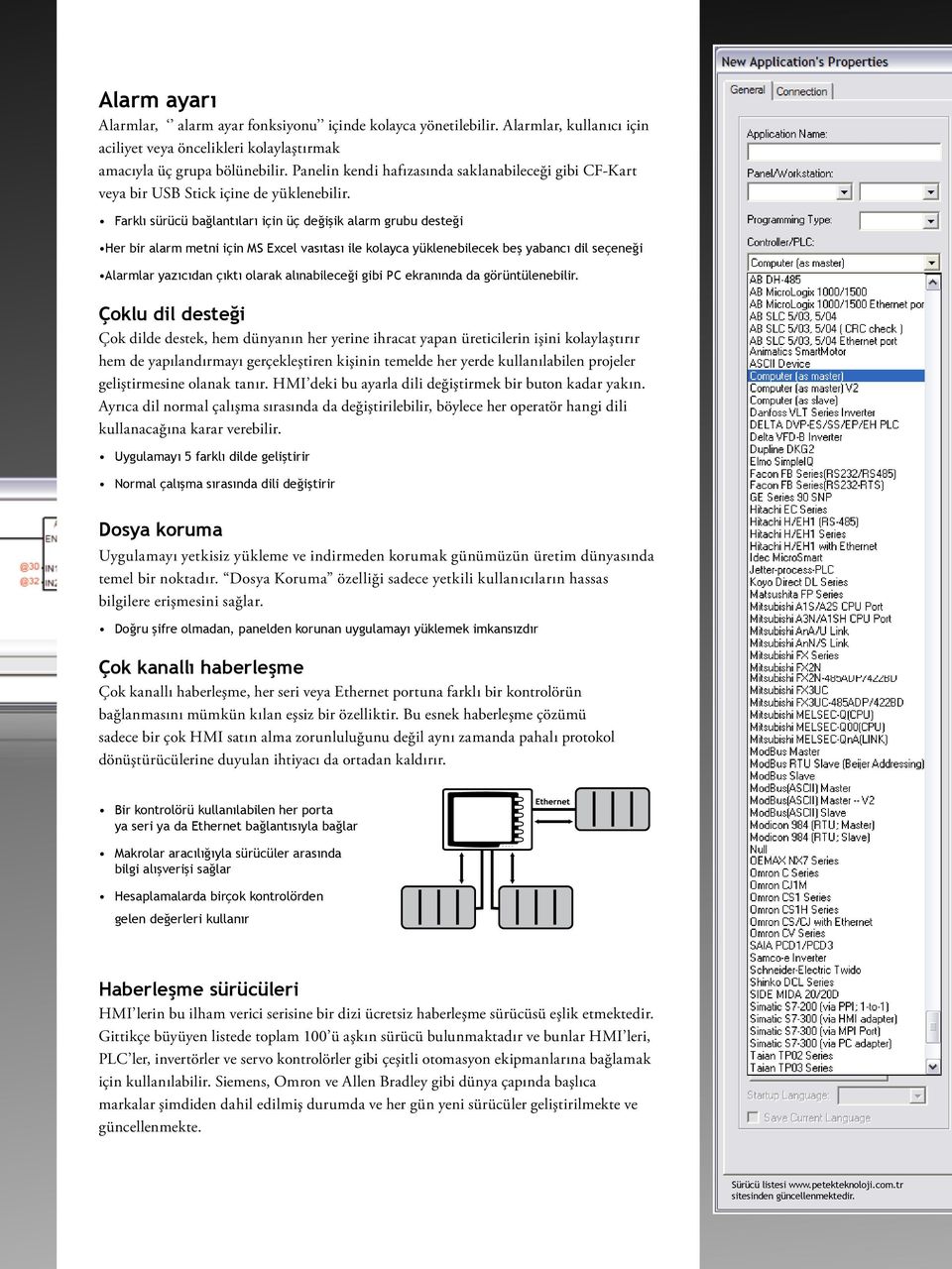 Farklı sürücü bağlantıları için üç değişik alarm grubu desteği Her bir alarm metni için MS Excel vasıtası ile kolayca yüklenebilecek beş yabancı dil seçeneği Alarmlar yazıcıdan çıktı olarak