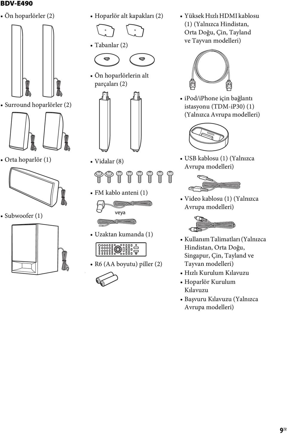 (Yalnızca Avrupa modelleri) Subwoofer (1) FM kablo anteni (1) veya Video kablosu (1) (Yalnızca Avrupa modelleri) Uzaktan kumanda (1) R6 (AA boyutu) piller (2) Kullanım