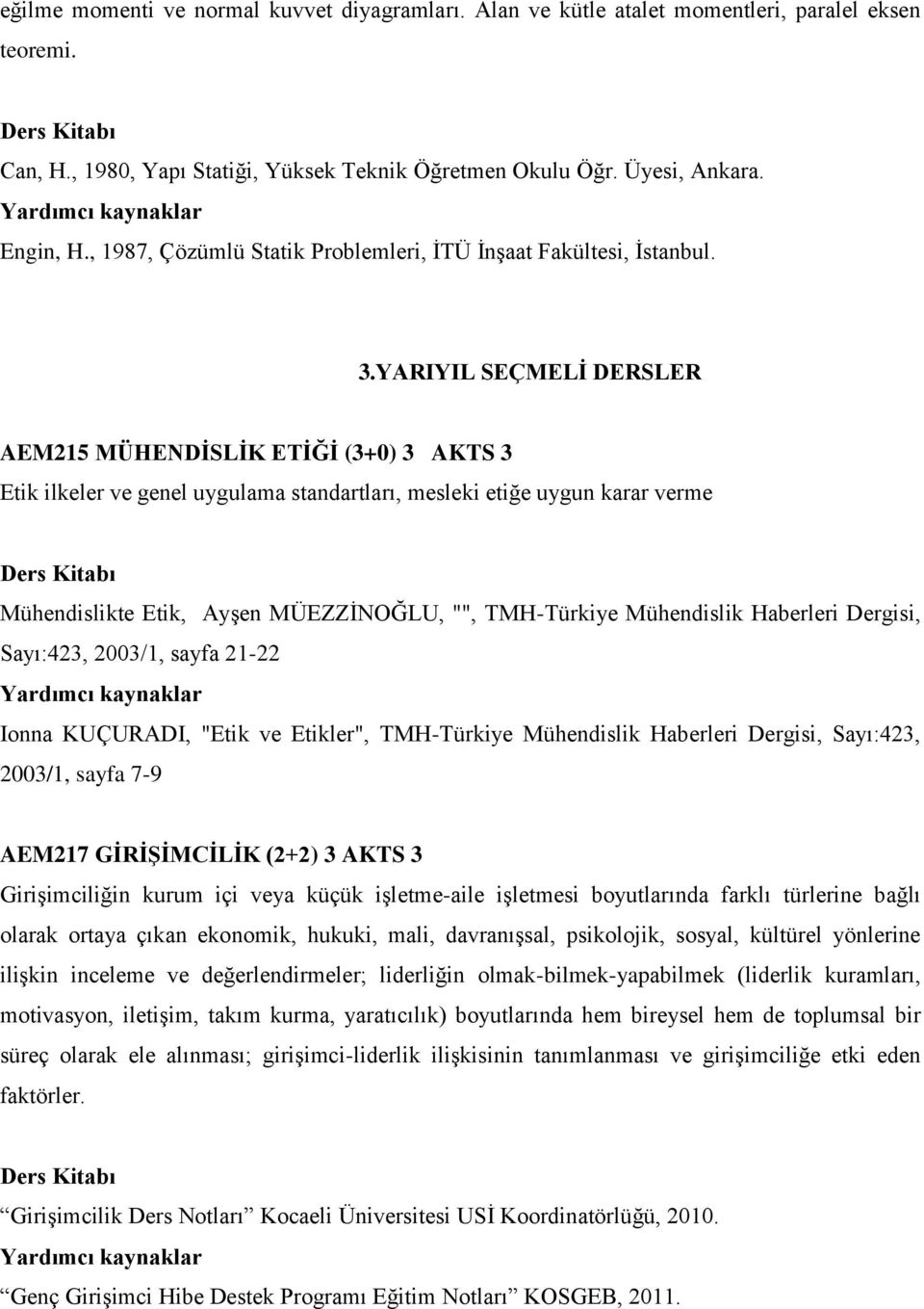 YARIYIL SEÇMELİ DERSLER AEM215 MÜHENDİSLİK ETİĞİ (3+0) 3 AKTS 3 Etik ilkeler ve genel uygulama standartları, mesleki etiğe uygun karar verme Mühendislikte Etik, Ayşen MÜEZZİNOĞLU, "", TMH-Türkiye