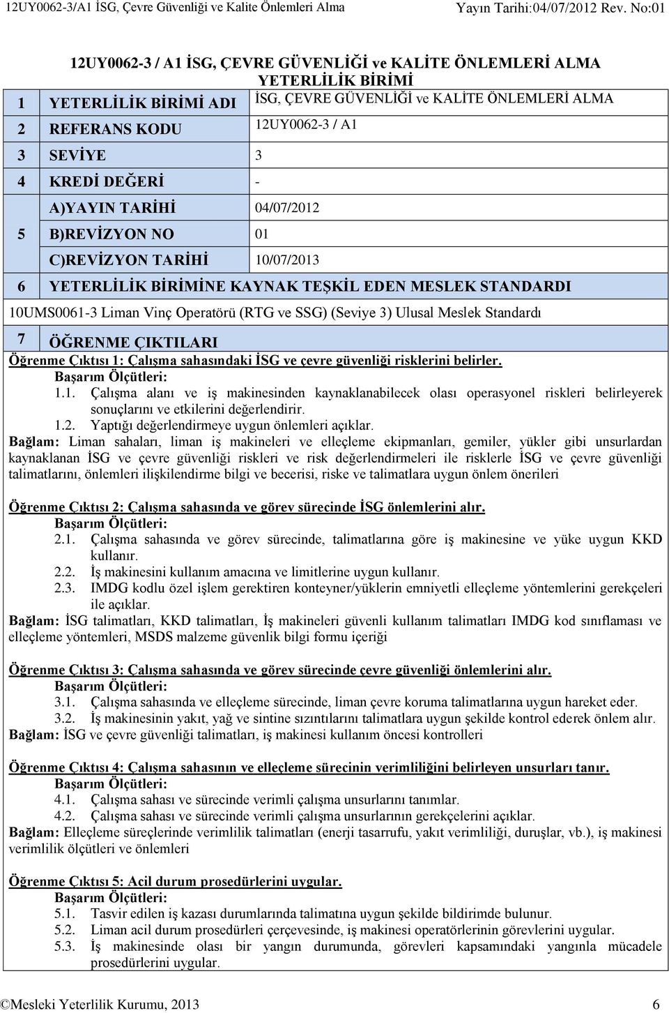 4 KREDİ DEĞERİ - A)YAYIN TARİHİ 04/07/2012 5 B)REVİZYON NO 01 C)REVİZYON TARİHİ 10/07/2013 6 YETERLİLİK BİRİMİNE KAYNAK TEŞKİL EDEN MESLEK STANDARDI 10UMS0061-3 Liman Vinç Operatörü (RTG ve SSG)