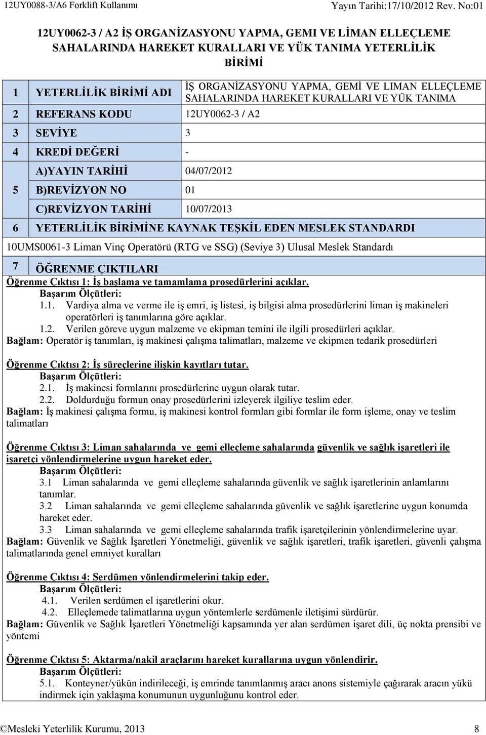 10/07/2013 6 YETERLİLİK BİRİMİNE KAYNAK TEŞKİL EDEN MESLEK STANDARDI 10UMS0061-3 Liman Vinç Operatörü (RTG ve SSG) (Seviye 3) Ulusal Meslek Standardı 7 ÖĞRENME ÇIKTILARI Öğrenme Çıktısı 1: İş başlama