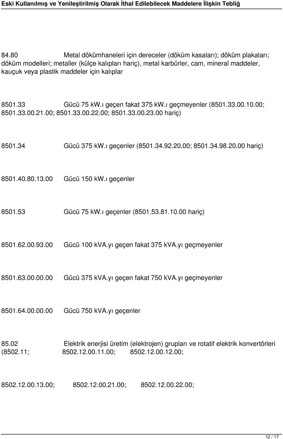 00; 8501.34.98.20.00 hariç) 8501.40.80.13.00 Gücü 150 kw.ı geçenler 8501.53 Gücü 75 kw.ı geçenler (8501.53.81.10.00 hariç) 8501.62.00.93.00 Gücü 100 kva.yı geçen fakat 375 kva.yı geçmeyenler 8501.63.