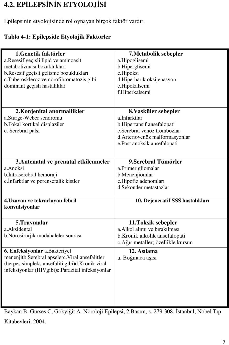 hipoglisemi b.hiperglisemi c.hipoksi d.hiperbarik oksijenasyon e.hipokalsemi f.hiperkalsemi 2.Konjenital anormallikler a.sturge-weber sendromu b.fokal kortikal displaziler c. Serebral palsi 8.