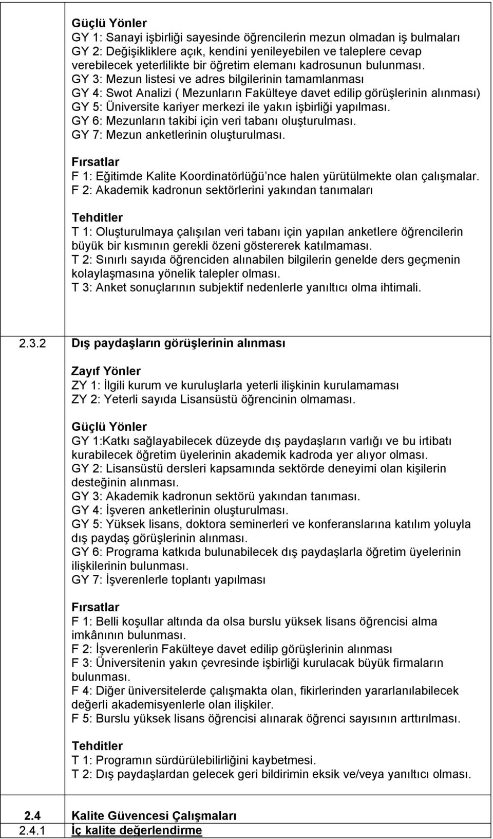 GY 3: Mezun listesi ve adres bilgilerinin tamamlanması GY 4: Swot Analizi ( Mezunların Fakülteye davet edilip görüşlerinin alınması) GY 5: Üniversite kariyer merkezi ile yakın işbirliği yapılması.