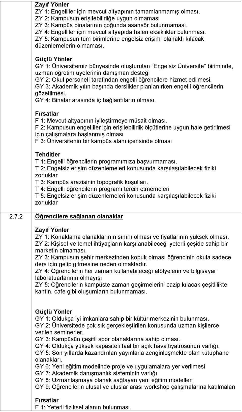 GY 1: Üniversitemiz bünyesinde oluşturulan Engelsiz Üniversite biriminde, uzman öğretim üyelerinin danışman desteği GY 2: Okul personeli tarafından engelli öğrencilere hizmet edilmesi.