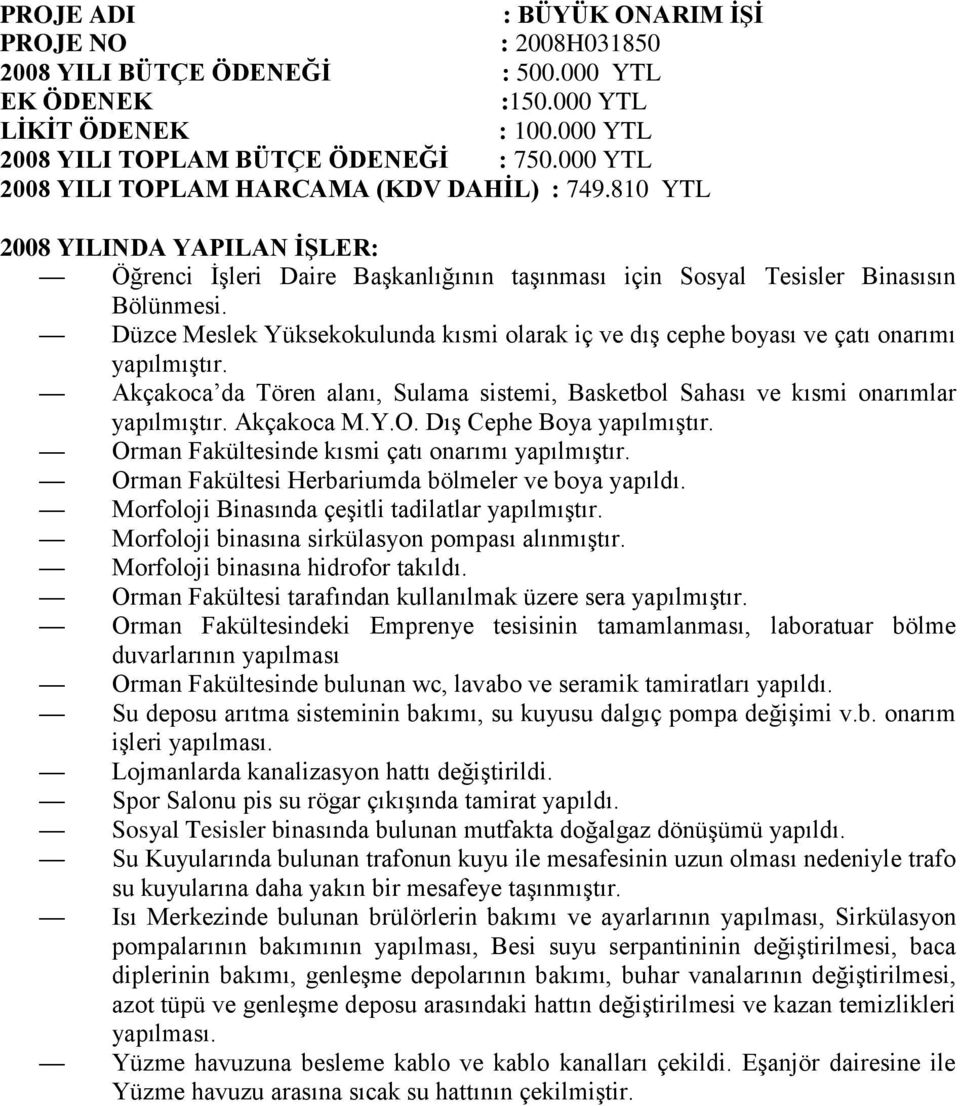 Düzce Meslek Yüksekokulunda kısmi olarak iç ve dış cephe boyası ve çatı onarımı yapılmıştır. Akçakoca da Tören alanı, Sulama sistemi, Basketbol Sahası ve kısmi onarımlar yapılmıştır. Akçakoca M.Y.O.