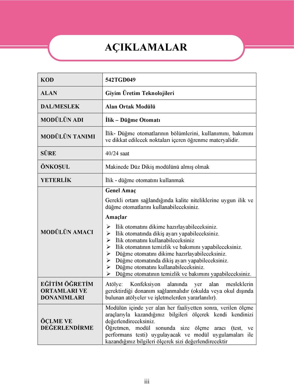 40/24 saat Makinede Düz Dikiş modülünü almış olmak İlik - düğme otomatını kullanmak Genel Amaç Gerekli ortam sağlandığında kalite niteliklerine uygun ilik ve düğme otomatlarını kullanabileceksiniz.