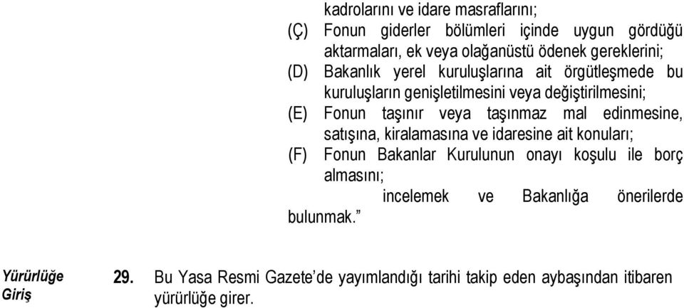 mal edinmesine, satışına, kiralamasına ve idaresine ait konuları; (F) Fonun Bakanlar Kurulunun onayı koşulu ile borç almasını; incelemek ve