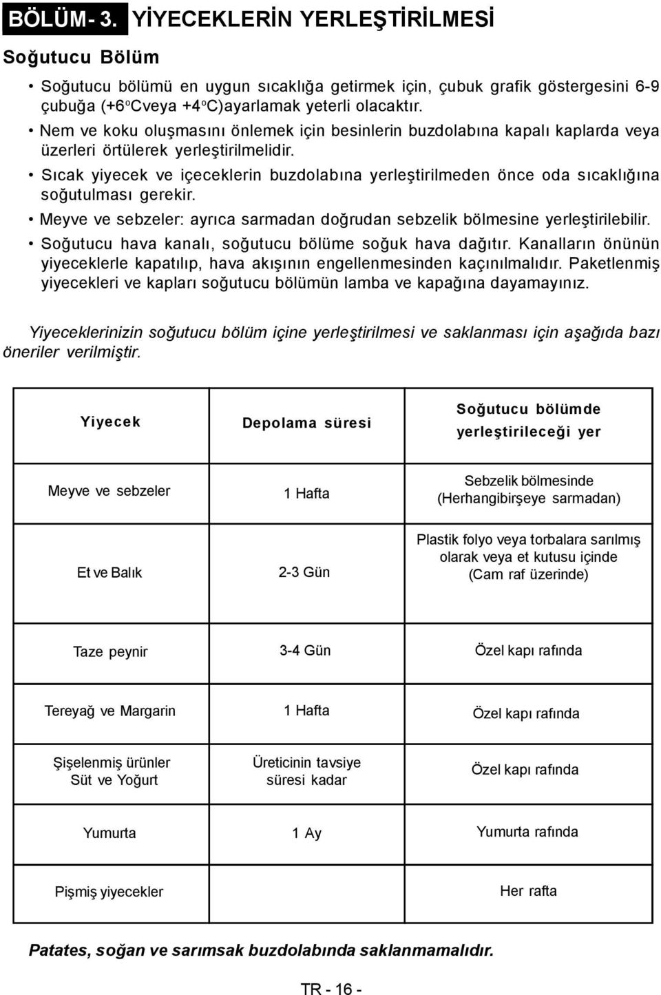 Sıcak yiyecek ve içeceklerin buzdolabına yerleştirilmeden önce oda sıcaklığına soğutulması gerekir. Meyve ve sebzeler: ayrıca sarmadan doğrudan sebzelik bölmesine yerleştirilebilir.