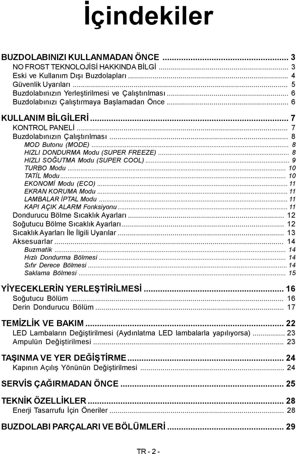 .. 8 HIZLI SOĞUTMA Modu (SUPER COOL)... 9 TURBO Modu... 10 TATİL Modu... 10 EKONOMİ Modu (ECO)... 11 EKRAN KORUMA Modu... 11 LAMBALAR İPTAL Modu... 11 KAPI AÇIK ALARM Fonksiyonu.