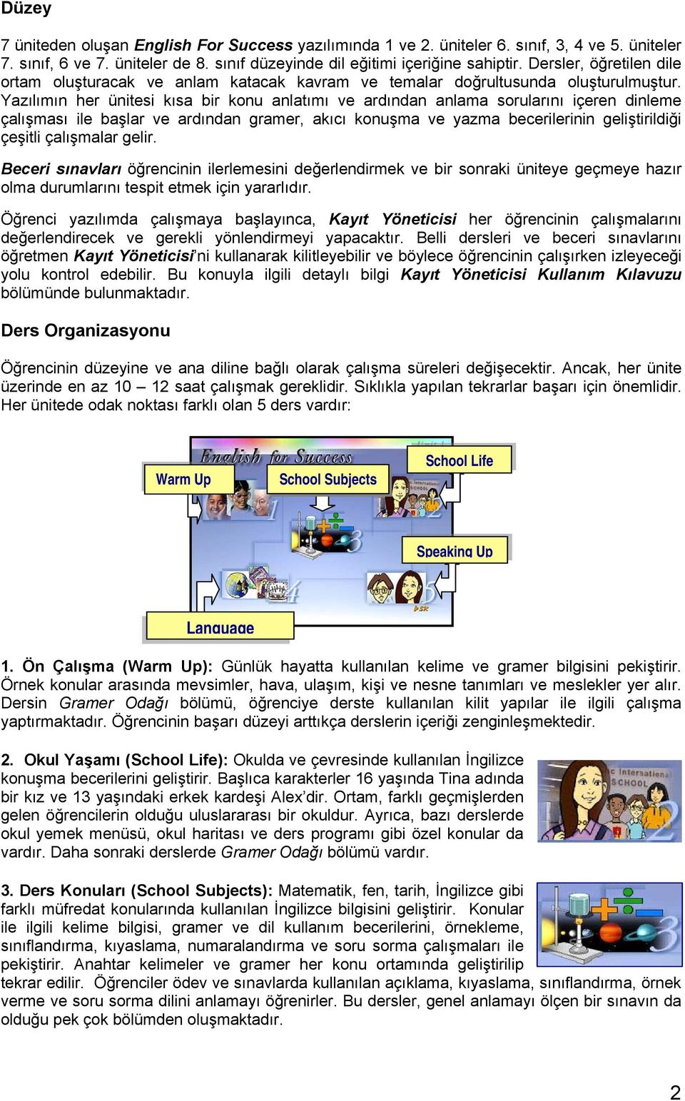 Yazılımın her ünitesi kısa bir konu anlatımı ve ardından anlama sorularını içeren dinleme çalışması ile başlar ve ardından gramer, akıcı konuşma ve yazma becerilerinin geliştirildiği çeşitli