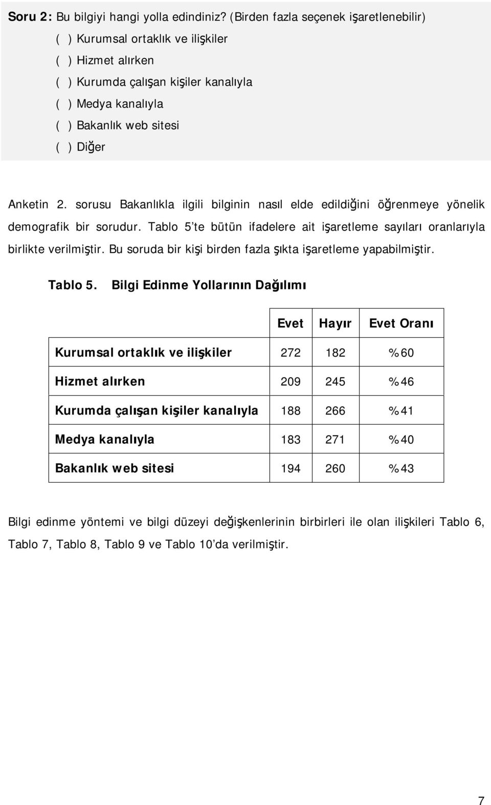 sorusu Bakanlıkla ilgili bilginin nasıl elde edildiğini öğrenmeye yönelik demografik bir sorudur. Tablo 5 te bütün ifadelere ait işaretleme sayıları oranlarıyla birlikte verilmiştir.