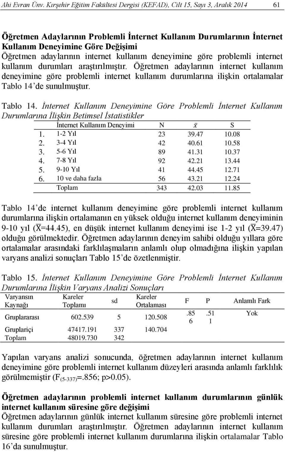 adaylarının internet kullanım deneyimine göre problemli internet kullanım durumları araştırılmıştır.