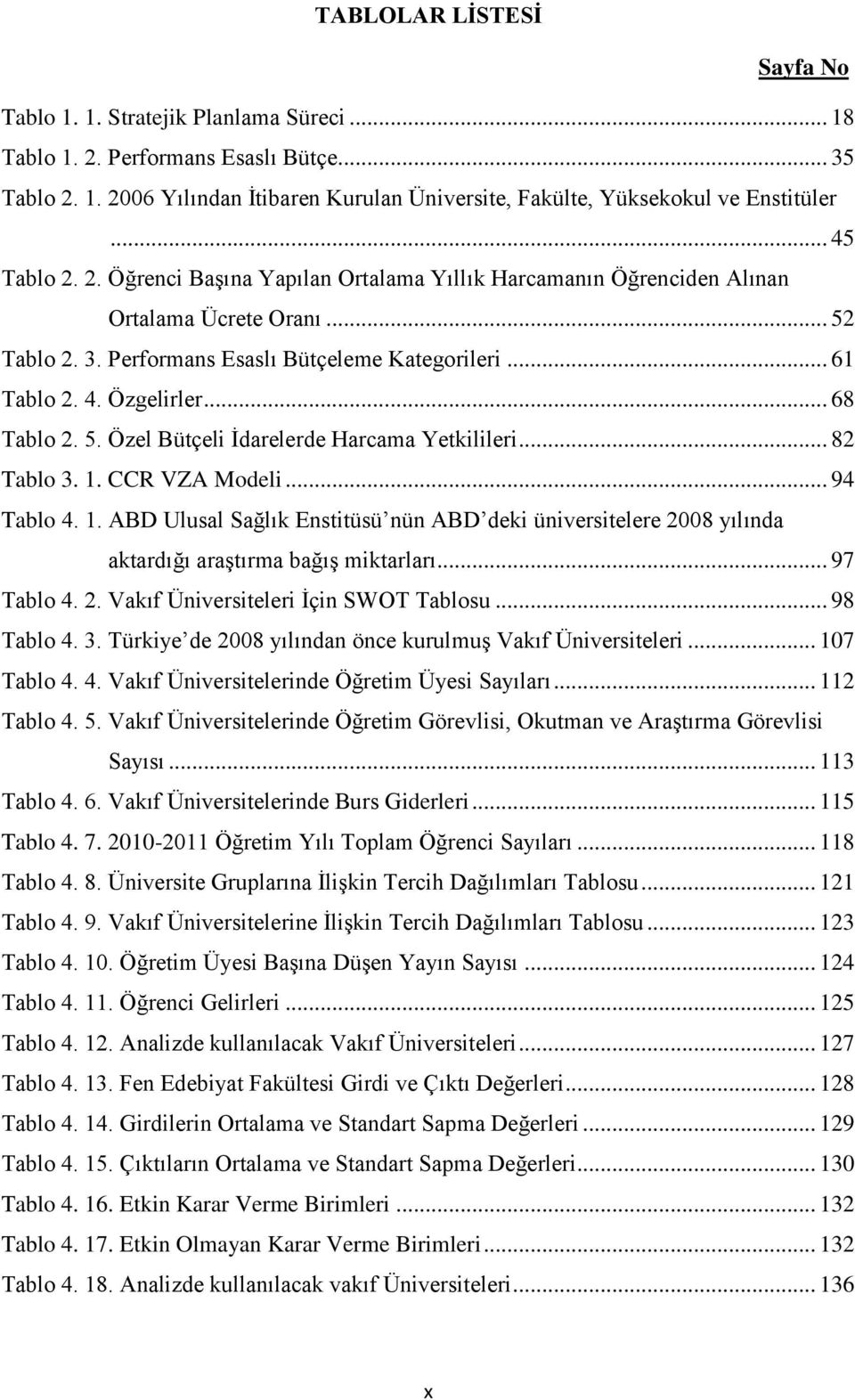 .. 68 Tablo 2. 5. Özel Bütçeli İdarelerde Harcama Yetkilileri... 82 Tablo 3. 1. CCR VZA Modeli... 94 Tablo 4. 1. ABD Ulusal Sağlık Enstitüsü nün ABD deki üniversitelere 2008 yılında aktardığı araştırma bağış miktarları.