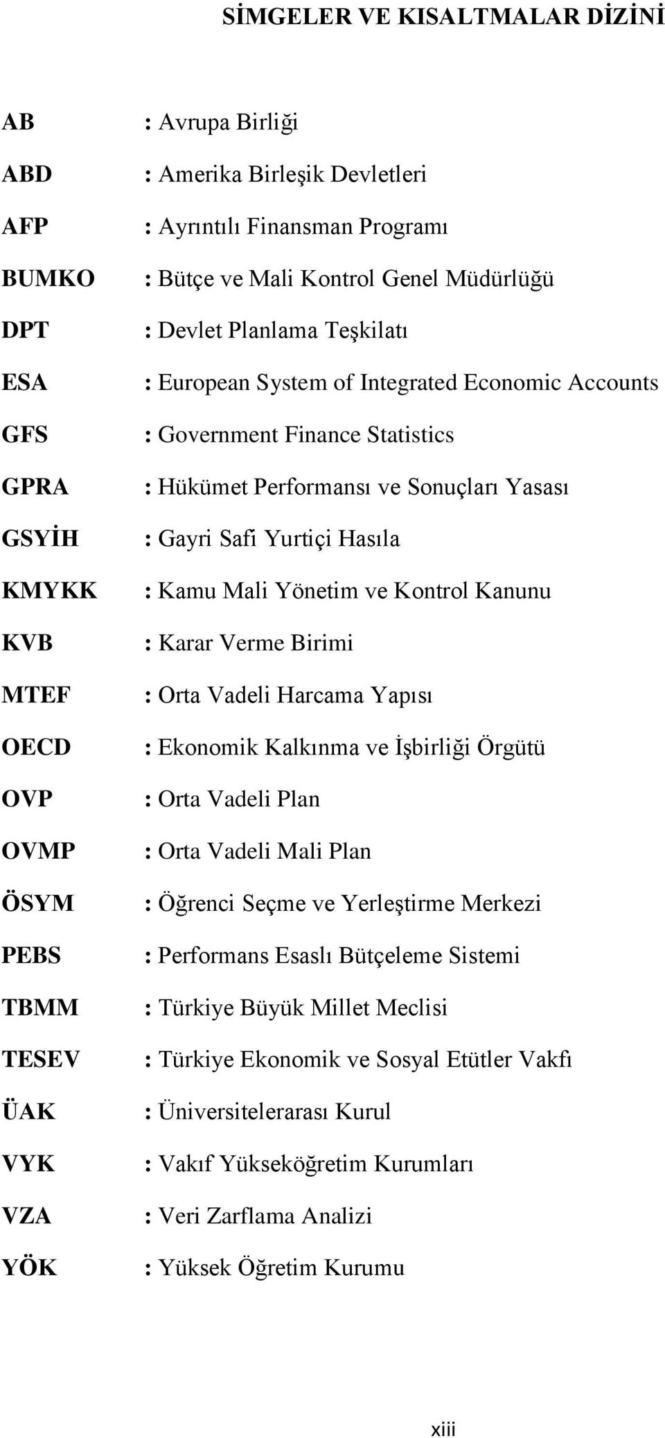 Sonuçları Yasası : Gayri Safi Yurtiçi Hasıla : Kamu Mali Yönetim ve Kontrol Kanunu : Karar Verme Birimi : Orta Vadeli Harcama Yapısı : Ekonomik Kalkınma ve İşbirliği Örgütü : Orta Vadeli Plan : Orta