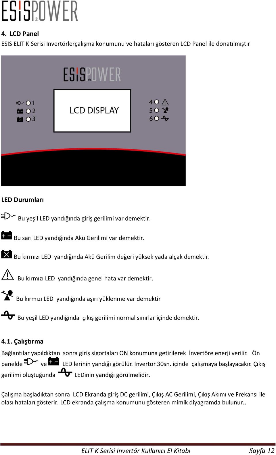 Bu kırmızı LED yandığında aşırı yüklenme var demektir Bu yeşil LED yandığında çıkış gerilimi normal sınırlar içinde demektir. 4.1.