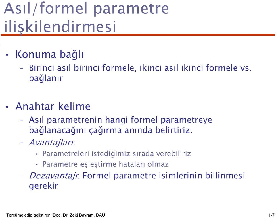 bağlanır Anahtar kelime Asıl parametrenin hangi formel parametreye bağlanacağını çağırma anında belirtiriz.