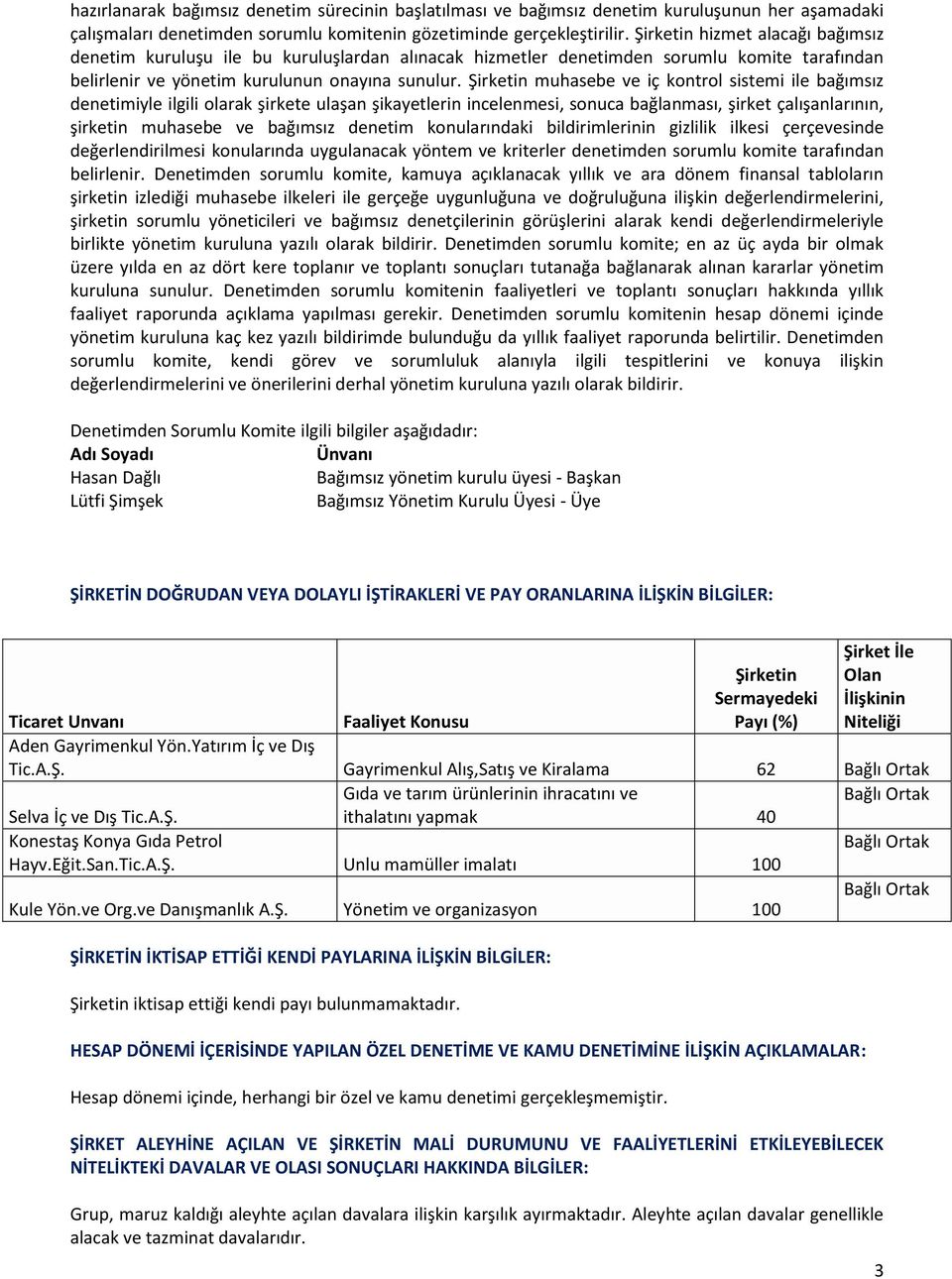 Şirketin muhasebe ve iç kontrol sistemi ile bağımsız denetimiyle ilgili olarak şirkete ulaşan şikayetlerin incelenmesi, sonuca bağlanması, şirket çalışanlarının, şirketin muhasebe ve bağımsız denetim