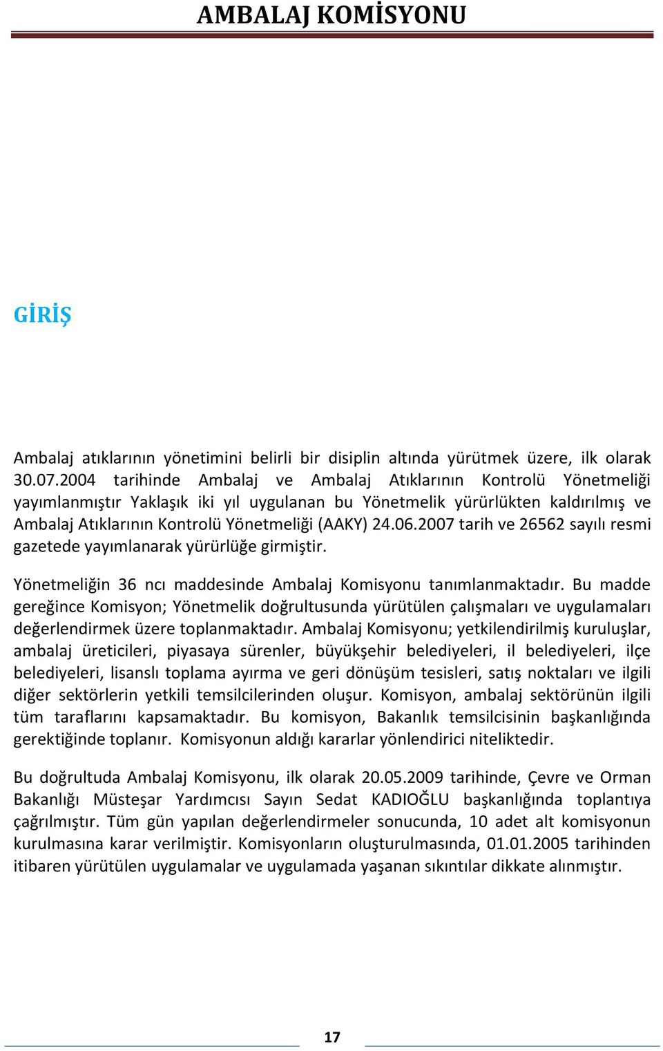 24.06.2007 tarih ve 26562 sayılı resmi gazetede yayımlanarak yürürlüğe girmiştir. Yönetmeliğin 36 ncı maddesinde Ambalaj Komisyonu tanımlanmaktadır.