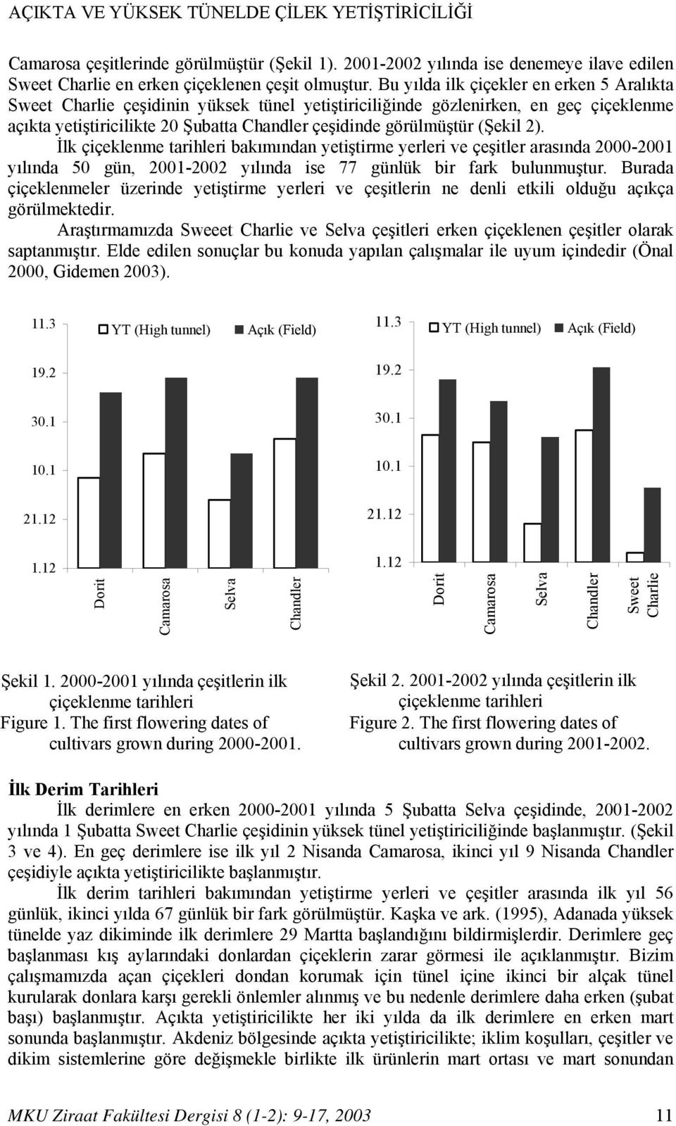 (Şekil 2). İlk çiçeklenme tarihleri bakımından yetiştirme yerleri ve çeşitler arasında 2000-2001 yılında 50 gün, 2001-2002 yılında ise 77 günlük bir fark bulunmuştur.