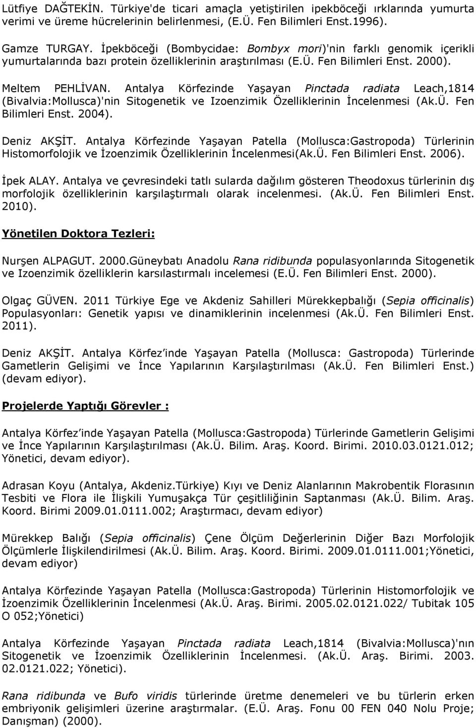 Antalya Körfezinde Yaşayan Pinctada radiata Leach,1814 (Bivalvia:Mollusca)'nin Sitogenetik ve Izoenzimik Özelliklerinin İncelenmesi (Ak.Ü. Fen Bilimleri Enst. 2004). Deniz AKŞİT.