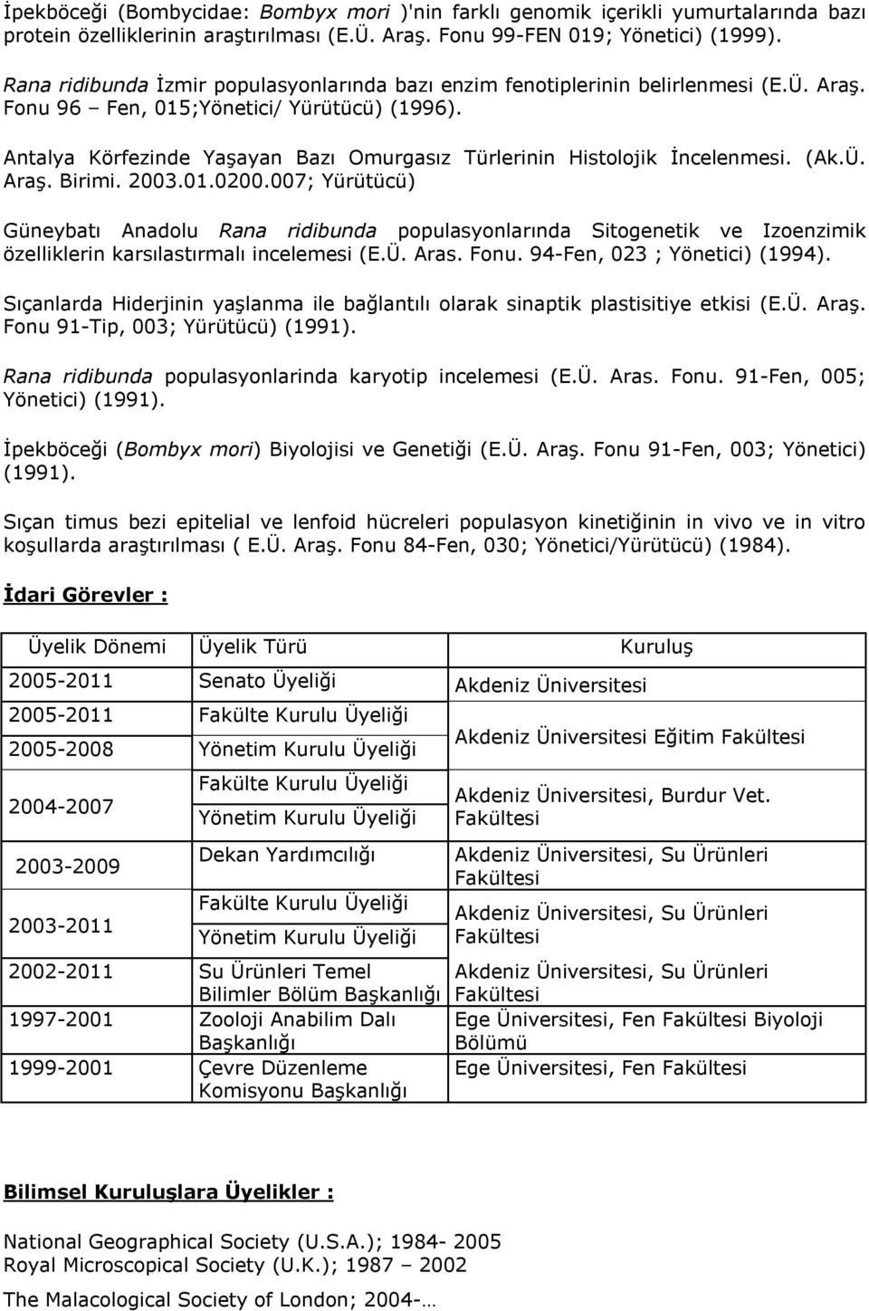 Antalya Körfezinde Yaşayan Bazı Omurgasız Türlerinin Histolojik İncelenmesi. (Ak.Ü. Araş. Birimi. 2003.01.0200.