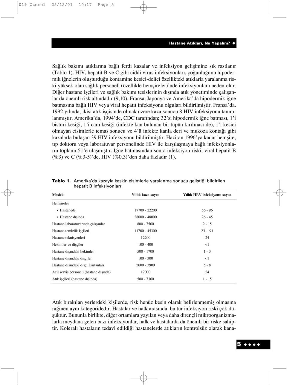 hemflireler) nde infeksiyonlara neden olur. Di er hastane iflçileri ve sa l k bak m tesislerinin d fl nda at k yönetiminde çal flanlar da önemli risk alt ndad r (9,10).