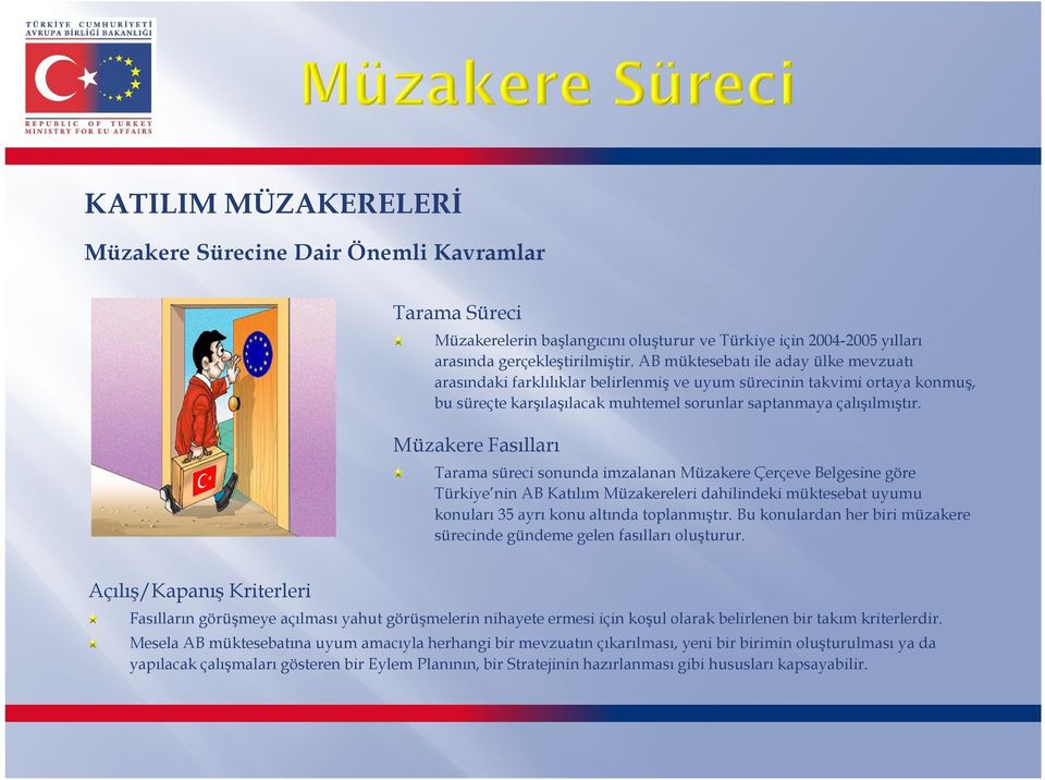 Müzakere Fasılları Tarama süreci sonunda imzalanan Müzakere Çerçeve Belgesine göre Türkiye nin AB Katılım Müzakereleri dahilindeki müktesebat uyumu konuları 35 ayrı konu altında toplanmıştır.